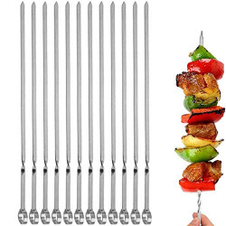 JOMVERL 12PCS Kabob Skewers Flat Metal BBQ Barbecue Skewer 14  Long Stainless Steel Shish Kebob Sticks Wide Reusable Grilling Skewers Set for Meat Shrimp Chicken Vegetable, 12 Pack