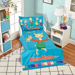 Llama Llama 4 Pc Toddler Bedding Set with Comforter, Flat Sheet, Fitted Sheet and Pillowcase by Everyday Kids; Bright Blue Toddler Bed Set Features Llama Llama and Friends