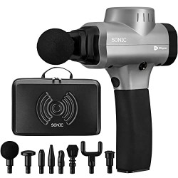 Sonic Handheld Percussion Massage Gun - Deep Tissue Massager for Sore Muscle and Stiffness - Quiet, 5 Speed High-Intensity Vibration - Quick Rechargeable Device - Includes 8 Massage Heads