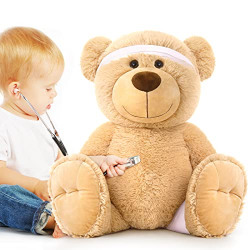 MorisMos Get Well Soon Teddy Bear Stuffed Animal - Big Stuffed Bear Plush, Get Well Bear with Broken Leg, Brown Teddy Bear with Head Injury, Get Well Soon Gifts for Kid Women Men After Surgery,29 Inch