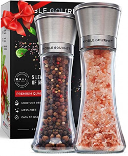 Salt & Pepper Grinder Set of 2 - Refillable Mills & Shakers - For Pink Himalayan & Sea Salt, Black Peppercorn, Spices - Stainless Steel, Large Glass - Adjustable Ceramic Coarse - Premium Gift Box Pack