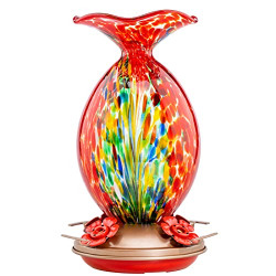 Muse Garden Hummingbird Feeder for Outdoors, Hand Blown Glass, 32 Ounces, Mermaid Feeder+ Built-in Ant Moat, Red Phoenix