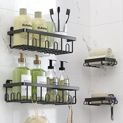 Meafuly Shower Caddy Basket Shelf with Hooks Rack Bathroom Storage Organizer, Self Adhesive Shower Shelves SUS 304 Rustproof Stainless Steel Shower Accessories for Inside Shower 4 Pack,Black