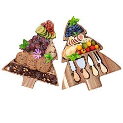 TUOKE Charcuterie Board Set, Christmas Tree Shaped Wooden Tray with Cutlery, Double Layer Wooden Cheese Plate, Portable Picnic Wooden Plate, Unique Gift for Christmas, Wedding, Housewarming Birthday