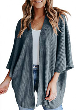 YIBOCK Women's Lightweight Kimono Cardigans Sweater Loose Waffle Knit 3/4 Batwing Sleeve Beach Cover Up Dusty Green