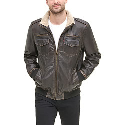 Levi's mens Vintage Deer Sherpa Lined Aviator Bomber Faux Leather Jacket, Dark Brown, Medium US