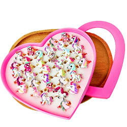 36Pcs Unicorn Ring Little Girls Jewel Unicorn Ring Box, Adjustable, No Duplicates, Girls Pretend Play and Dress Up Ring Toy for 4 5 6 7 8 Year Old Girls Party Favor