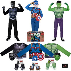Marvels Avengers Child Costume Dress-Up Trunk - Medium-Size Costume Tops, Gloves, and Molded Masks of Captain America, Hulk and Black Panther