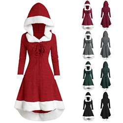 Christmas Dress for Women Loose Fit Hooded Vintage Long Sleeve Long Winter Xmas Patchwork Hooded Party Dress Red
