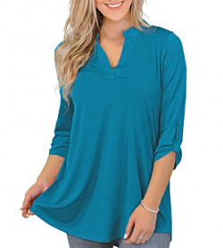 Othyroce Womens Plus Size Tunic Tops 3/4 Roll Up Sleeve V Neck Blouses Dressy Casual Shirts for Women (Acid Blue,Medium)