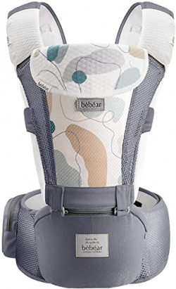 Bebamour Baby Carrier Front and Back Carry Baby Carrier Newborn to Toddler Baby Hip Carrier with Head Hood & 3 Pieces Teething Pads (Grey)