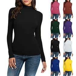 Yubnlvae Womens Base Shirts High Neck Loose Fit Trendy Casual Elastic Solid Shirts Ladies Elegant Long Sleeve Tops Black