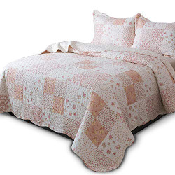 KASENTEX Twin Quilt Set Lightweight Bedspread Coverlet(Pink Floral Patchwork, 86x68)