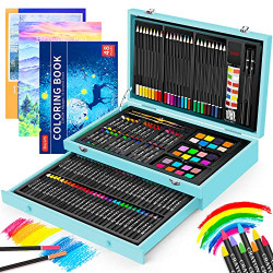 Art Supplies, iBayam 150-Pack Deluxe Wooden Art Set Crafts Drawing Painting Kit with 1 Coloring Book, 2 Sketch Pads, Creative Gift Box for Adults Artist Beginners Kids Girls Boys