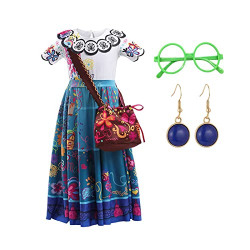 Mirabel Costume for Girls Isabela Dress Outfit Cosplay Princess Tutu Dress Up for Halloween Birthday (Size 130(6-7 Years), Dress+Bag+Earring+Glasses)