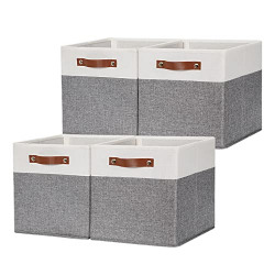 HNZIGE Fabric Storage Cubes 12x12 Cube Storage Bins, Set of 4, Decorative Cube Organizers Bins for Shelves with Handles,Foldable Bins for Cube Organizer Home Toy Nursery Closet(White Gray)