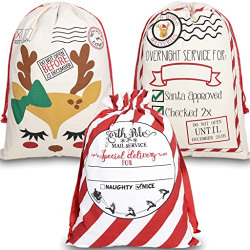 GKanMore 3Pcs Christmas Drawstring Bags Extra Large Santa Sack 27.6 x19.7  Cotton Santa Bag for Christmas Gifts