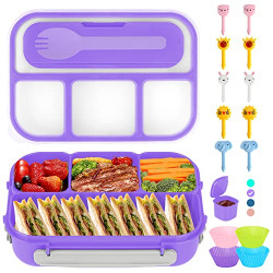 Lunch Box Kids, Bento Box Adult Lunch Box, Lunch Containers for Adults Kids Toddler, 1300ML-4 Compartment Bento Lunch Box w/ Food Picks Cake Cups, Microwave/Dishwasher/Freezer Safe, BPA Free (Purple)