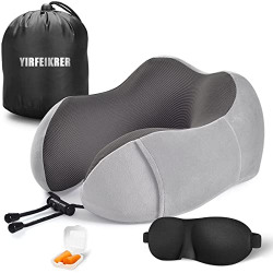 YIRFEIKRER Travel Pillow, Best Memory Foam Neck Pillow and Head Support Soft Pillow with Side Storage Bags, for Sleep Rest, Airplane, Car, Family and Travel Use (Grey)