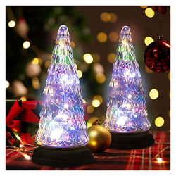 Evelynsun Solar Christmas Tree Figurine Light - 2 Pack Glass Christmas Tree Decoration with 30 Multicolored LEDs Waterproof for Outdoor Christmas Decoration