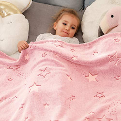 Cozy Bliss Glow in The Dark Throw Blanket, 40 x50 , Premium Super Soft Fuzzy Fluffy Warm Cozy Powder Plush Blanket with Stars, Gift for Kids Girls Boys (Pink)