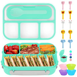 Lunch Box Kids, Bento Box Adult Lunch Box, Lunch Containers for Adults Kids Toddler, 1300ML-4 Compartment Bento Lunch Box w/ Food Picks Cake Cups, Microwave/Dishwasher/Freezer Safe, BPA Free (Green)