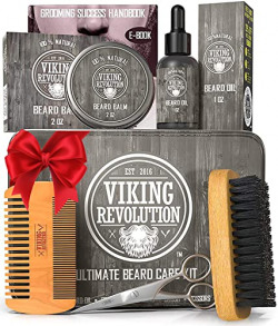 Viking Revolution Beard Care Kit for Men - Ultimate Beard Grooming Kit includes 100% Boar Mens Beard Brush, Wooden Beard Comb, Beard Balm, Beard Oil, Beard & Mustache Scissors in a Metal Box