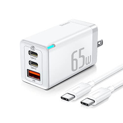 USB C Charger Baseus 65W GaN Charger 3 Ports Foldable USB C Wall Charger,Fast Charger Block for iPhone 14/13/12 Mini/12 Pro Max/XR/XS, iPad Pro, Chrome Book, Samsung S22 S21, MacBook Pro/Air, Laptops