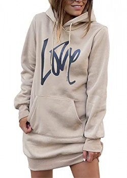 PRETTYGARDEN Womens Hooded Sweatshirt Drawstring Lightweight Long Sleeve Pullover Hoodie Dress with Pockets (Apricot, Small)