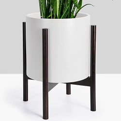 20.5  Tall Plant Pot with Stand by FineIris, 10 inch White Ceramic Pot with Drainage & Wooden Plant Stand, Planter for Indoor Plants, Large Planter with Stand for Flowers, Fiddle Leaf Fig Tree, Snake Plant & Peace Lily
