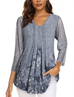Womens Casual Tops 3/4 Sleeve,Tops for Women Loose Fit Flower Printed Tee Shirts Casual Loose Lightweight Tunics Blouses Spring Tunics Summer Shirts Fall Blouses Fashion Pleated Tops Dark Grey L