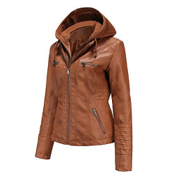 Tagoo Faux Leather Jacket Women Motorcycle Coat for Biker with Removable Hood Plus Size