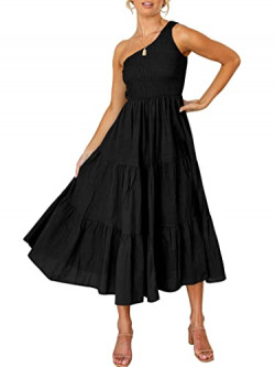 ANRABESS Womens Summer One Shoulder Sleeveless Smocked Pleated Dress Loose Ruffle Flowy Swing Beach Sundress 493heise-S Black