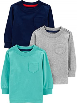 Simple Joys by Carter's Toddler Boys' Solid Pocket Long-Sleeve Tee Shirts, Pack of 3, Grey/Blue/Navy, 5T