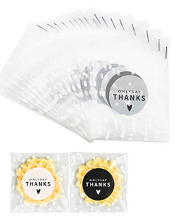 Self Adhesive Cookie Bags Cellophane Treat Bags, White polka dots with Black and White Thanks Print for Party Gift Giving Bakery Candy Cookie (100 Pcs, 3.94 x 3.94 Inches)