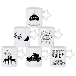 Bruntmor 14 Oz Christmas Coffee Mug Set of 6, 14 Ounce Medium Ceramic Mugcup Set In White Christmas Design, Best Coffee Mug For Your Christmas Gift