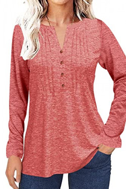 Women's fashion summer pleated button short sleeve T-shirt summer V-neck solid color casual Tunic top