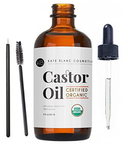Castor Oil (2oz), USDA Certified Organic, 100% Pure, Cold Pressed, Hexane Free by Kate Blanc Cosmetics. Stimulate Growth for Eyelashes, Eyebrows, Hair. Skin Moisturizer & Hair Treatment Starter Kit
