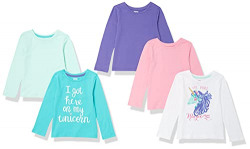 Spotted Zebra Girls' Long-Sleeve T-Shirts, Pack of 5, Purple/Pink/Blue, Unicorn, Small