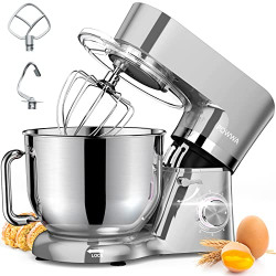 Stand Mixer, POWWA 7.5 Quart Electric Mixer, 6+1 Speed 660W Tilt-Head Kitchen Food Mixers with Whisk, Dough Hook, Mixing Beater & Splash Guard for Baking, Cake, Cookie, Kneading, ETL Certified (Silver-with Handle)