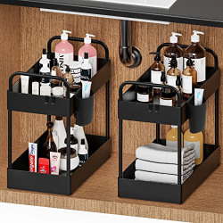 2 Pack Under Sink Organizers and Storage, 2-Tier Bathroom Cabinet Organizer with Hanging Cup, Hooks, Under Kitchen Sink Organizers, Multi-purpose Cabinet Shelf Organizersfor Christmas Gift (BLACK)