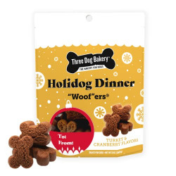 Three Dog Bakery Soft Baked Grain Free Meaty Woofers, Holidog Dinner with Turkey and Cranberries Flavor, Premium Treats for Dogs, 13 Ounces Each, Cranberry