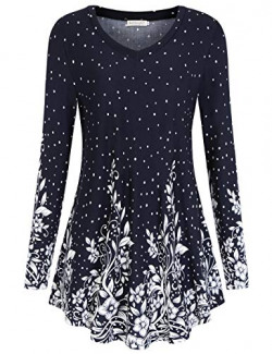 BAISHENGGT Women's Long Sleeve Tunic Tops for Leggings V-Neck Casual Blouse T-Shirt XL Navy Floral