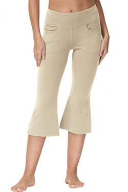 Cakulo Women's Plus Size Capris Pants Yoga Flare High Waist Bootcut Stretch Jean Casual Palazzo Cream Bottoms Knee Flared Leggings with Pockets Khaki L