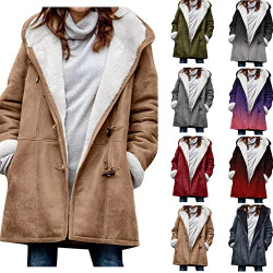Ganfancp Women's Plush Overcoat Winter Cozy Fleece Lined Warm Thickened Hooded Coat Casual Loose Horn Buckle Solid Pocket Outwear