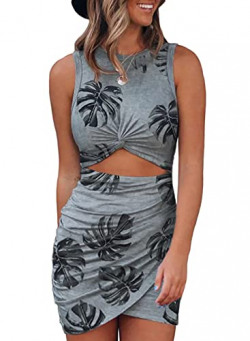 FARYSAYS Women's Sexy Elegant Sleeveless Leaf Print Hollow Out Twist Front Bodycon Short Dress Wrap Slim Fit Basic Party Evening Dresses Grey X-Large