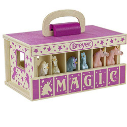 Breyer Horses Unicorn Magic Wooden Stable Playset with 6 Unicorns | 6 Piece Playset | 6 Stablemates Unicorns Included | 6 H x 9 L x 2.5 D | 1:32 Scale | Model #59218, Multicolor