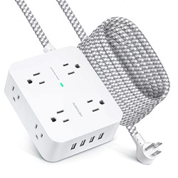 10Ft Long Surge Protector Power Strip, Extension Cord with 8AC Outlets and 4 USB Charging Ports, Flat Plug, Wall Mount, Desk USB Charging Station for Home Office Dorm Essentials, ETL Listed