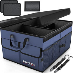 FORTEM Car Trunk Organizer, Car Storage Organizer, Collapsible Multi Compartment Car Organizer, SUV Trunk Organizer, Non Slip Bottom, Adjustable Securing Straps, Foldable Cover (Blue, Standard Size)
