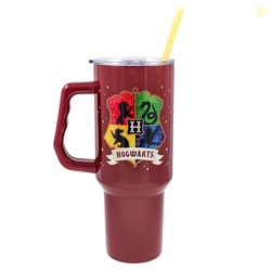 Silver Buffalo Harry Potter Hogwarts House Crest Featuring Gryffindor, Ravenclaw, Slytherin, and Hufflepuff Stainless Steel Tumbler with Handle and Straw, Fits in Standard Cup Holder, 40 Ounces
